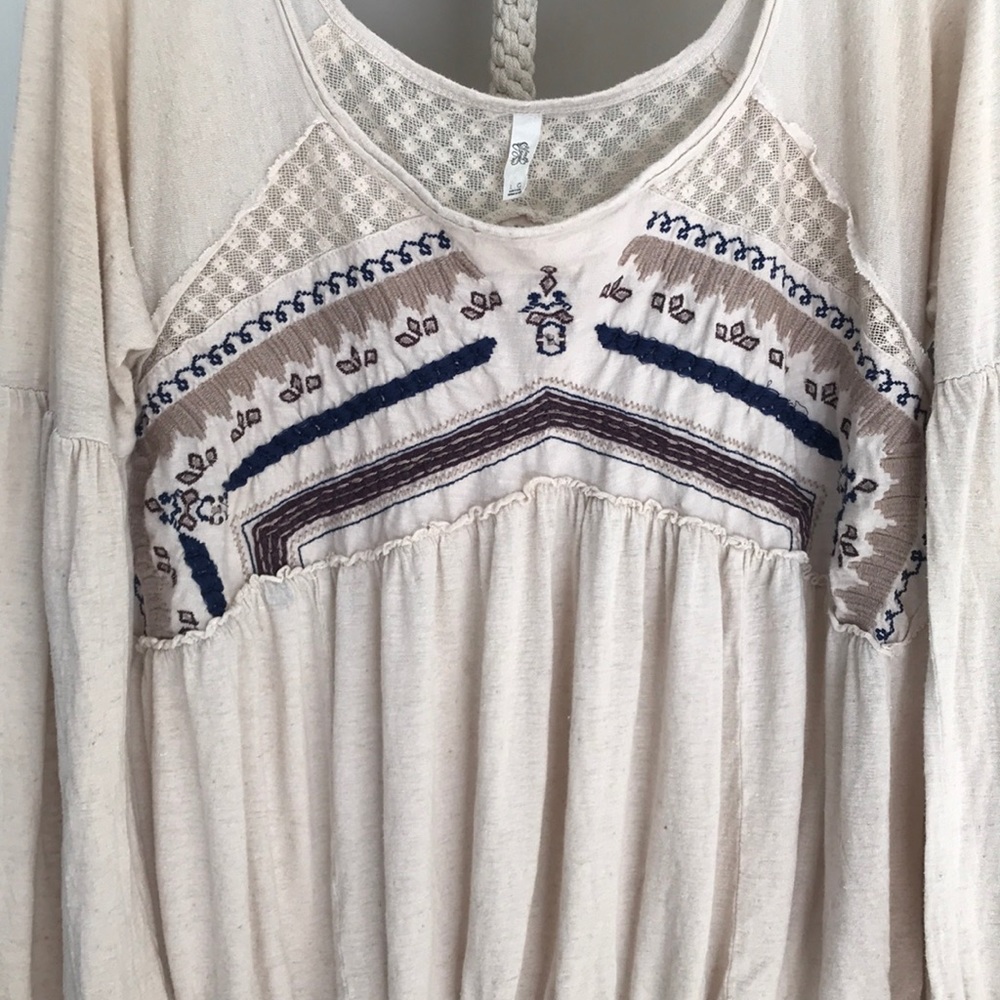 Free People tan navy blue lace shirt